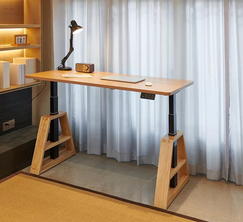 Dual Motor Three Column Electric Standing Desk with Wood Feet